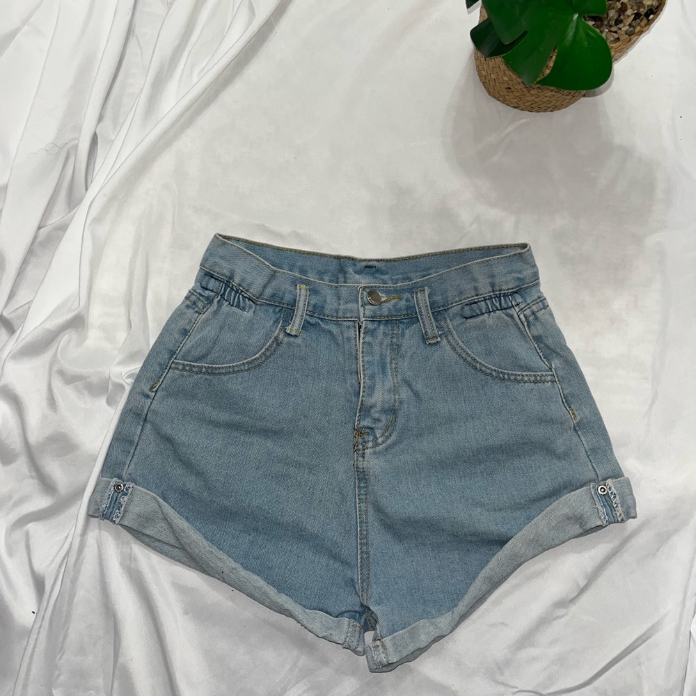 Light Blue High-Waisted Cuffed Jean Shorts